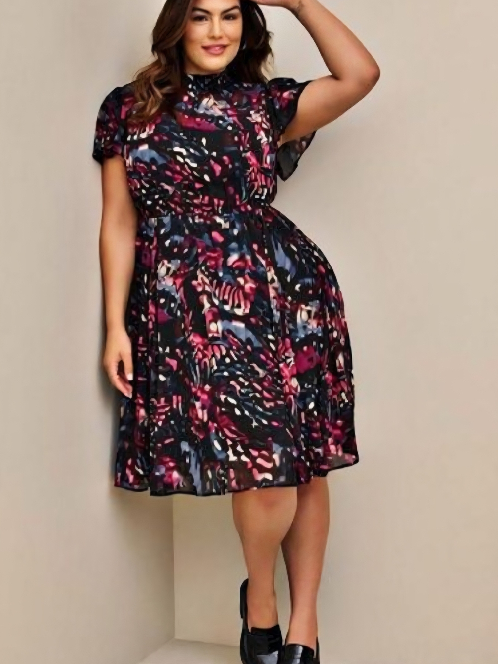 Torrid Black Floral-Abstract Midi Dress with Pink & Blue Accents 6x